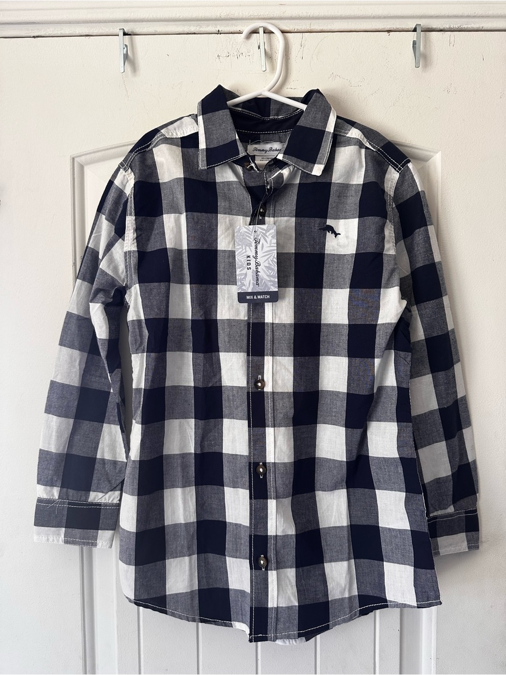 Tommy Bahama Kids Boys Navy Blue White Buffalo Plaid Button Down NWT Size L10/12